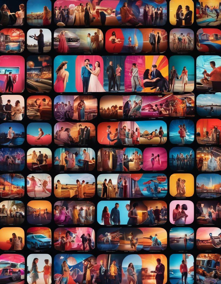 A visually striking montage featuring a smartphone displaying diverse and vibrant thumbnails of adult mobile films, incorporating elements of sensuality and playfulness; the background should include abstract shapes and flowing lines that suggest movement and allure, while hints of soft lighting create an intimate atmosphere. super-realistic. vibrant colors. soft focus.