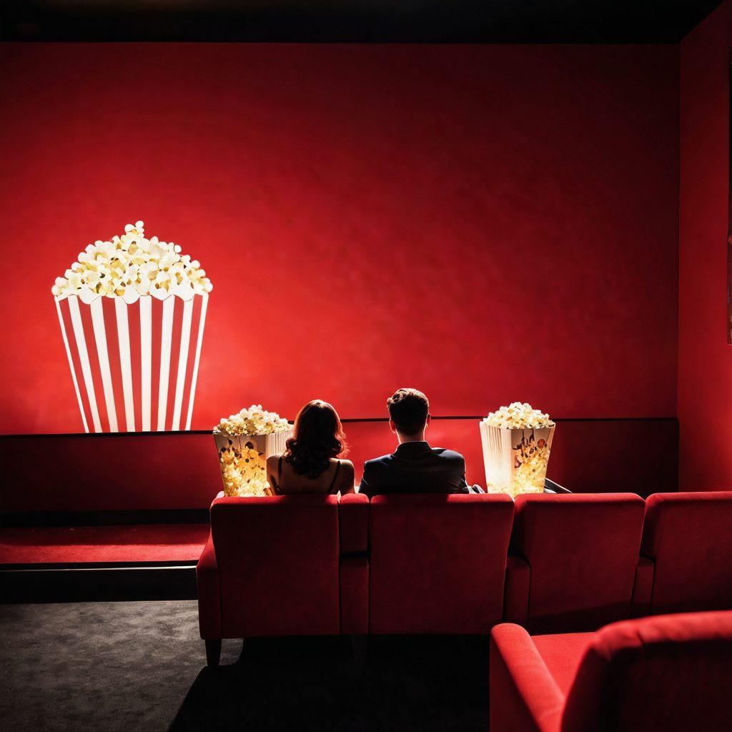 A seductive movie theater scene with plush red velvet seating, dim lighting, and a large screen showing abstract silhouettes of couples in intimate poses. In the foreground, an open popcorn bucket spills over, and flickering lights create a tantalizing ambiance. Sensual artwork adorns the walls, blending classical and modern erotic styles. The focus should convey allure and desire, inviting viewers in. vibrant colors. cinematic style. soft focus.